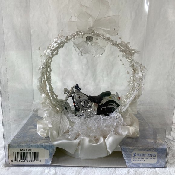 Vintage Bakery Crafts Wedding Cake Topper w/miniature Harley Davidson Motorcycle - Picture 1 of 12